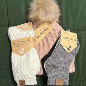BearPaw Pink and White Knit Hats with Faux Fur Pom-Poms
